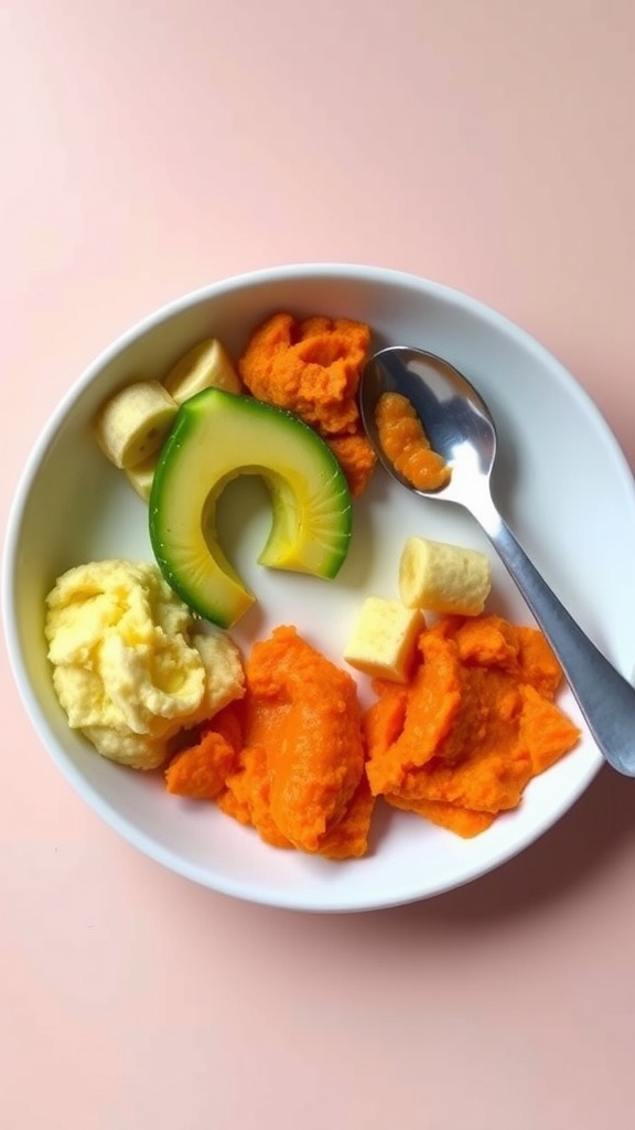 A plate of baby snacks featuring mashed banana, avocado, sweet potato puree, and carrot puree, with a spoon nearby.